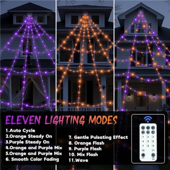 Halloween Decorations Outdoor Spider Web Lights - 550 LEDs Purple and Orange - Picture 3 of 8